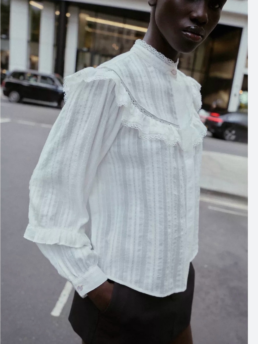 Zara White Ruffled Lace-Trim High-Neck Blouse